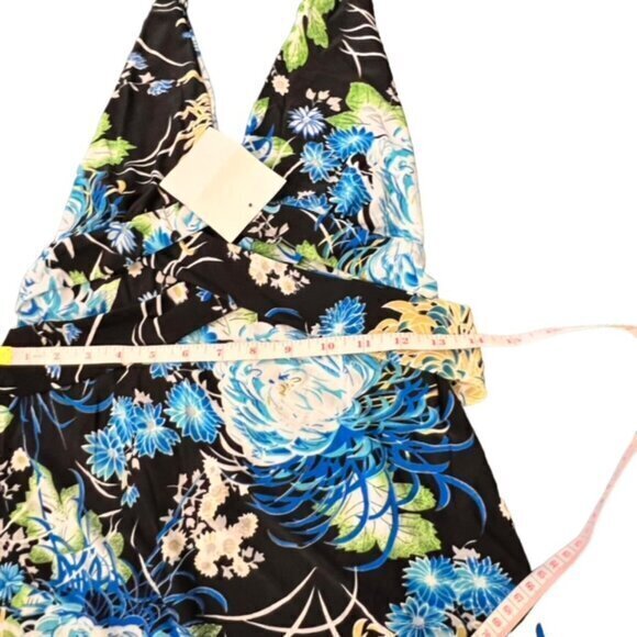 Tropical Tie Halter Mini Dress Blues Whites Backless Med / Lar NWT Stretch Beach - Picture 12 of 14